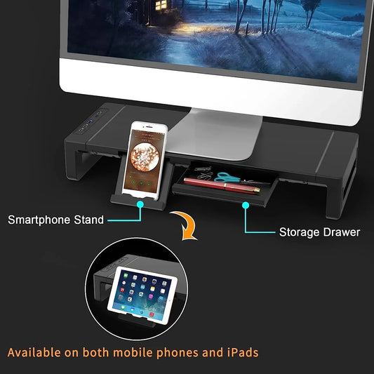 Monitor Stand Riser, With Foldable, Height Adjustable Computer Stand, Desk Shelf Riser with Storage Drawer &Tablet Phone