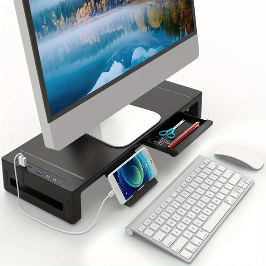 Monitor Stand Riser, With Foldable, Height Adjustable Computer Stand, Desk Shelf Riser with Storage Drawer &Tablet Phone